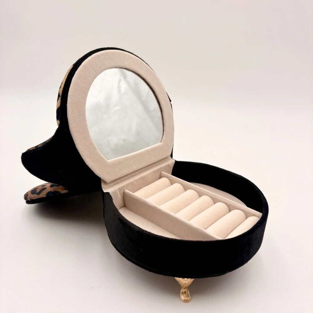 Willow & Riley Leopard Velvet Heart Armchair Jewelry Box Mirror Gold Legs NEW